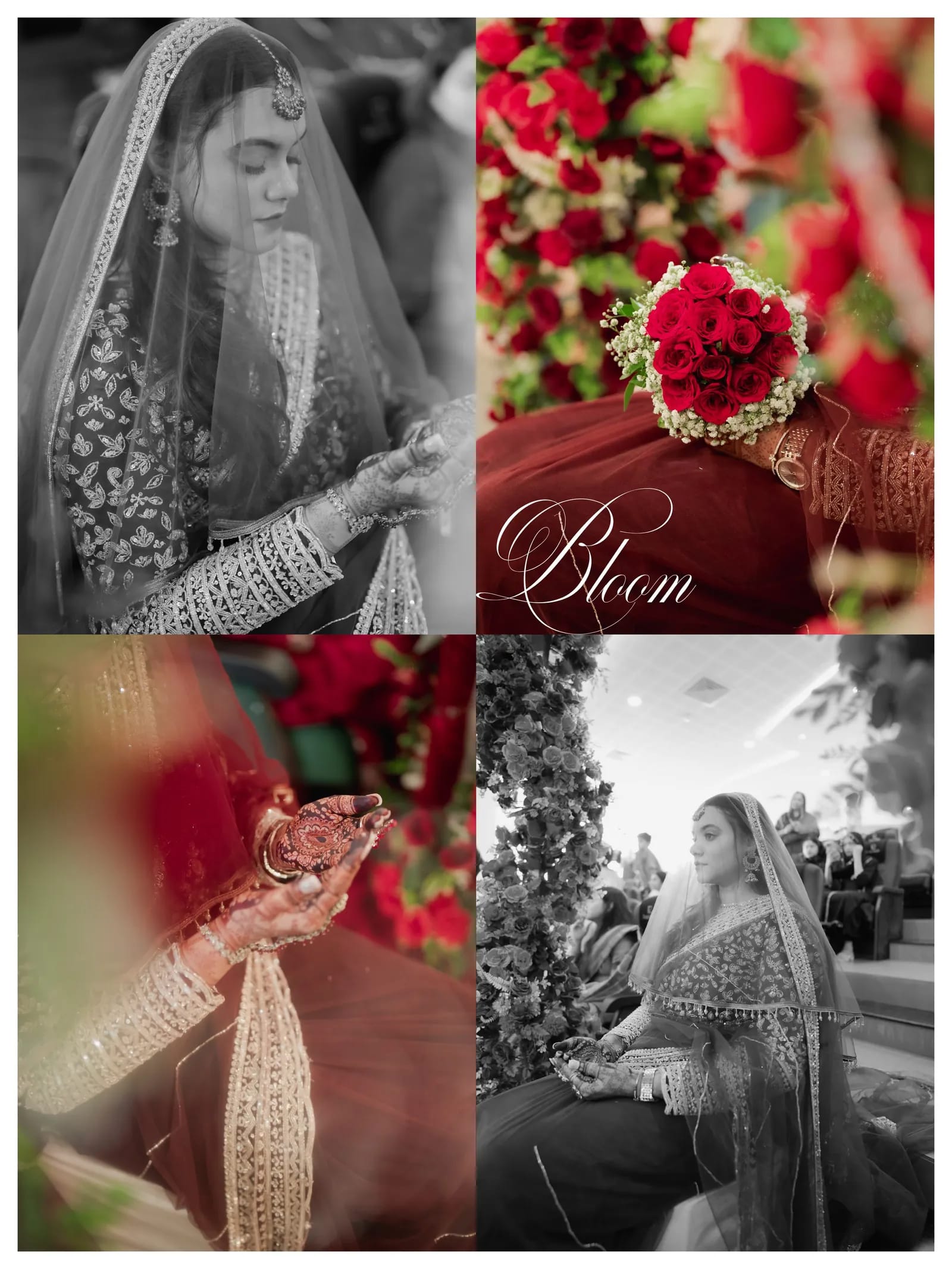 Bridal portrait collection with a red bouquet and wedding details