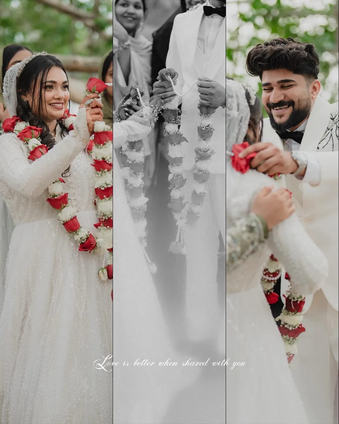 Wedding ceremony collage of a couple exchanging flower garlands