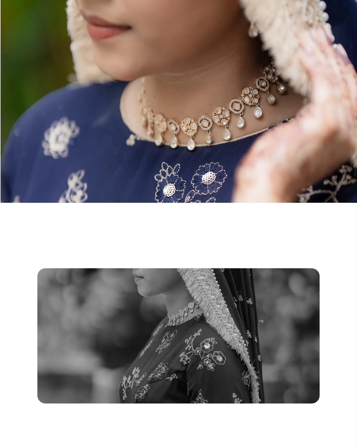 Bridal jewellery and embroidered attire in a portrait collage