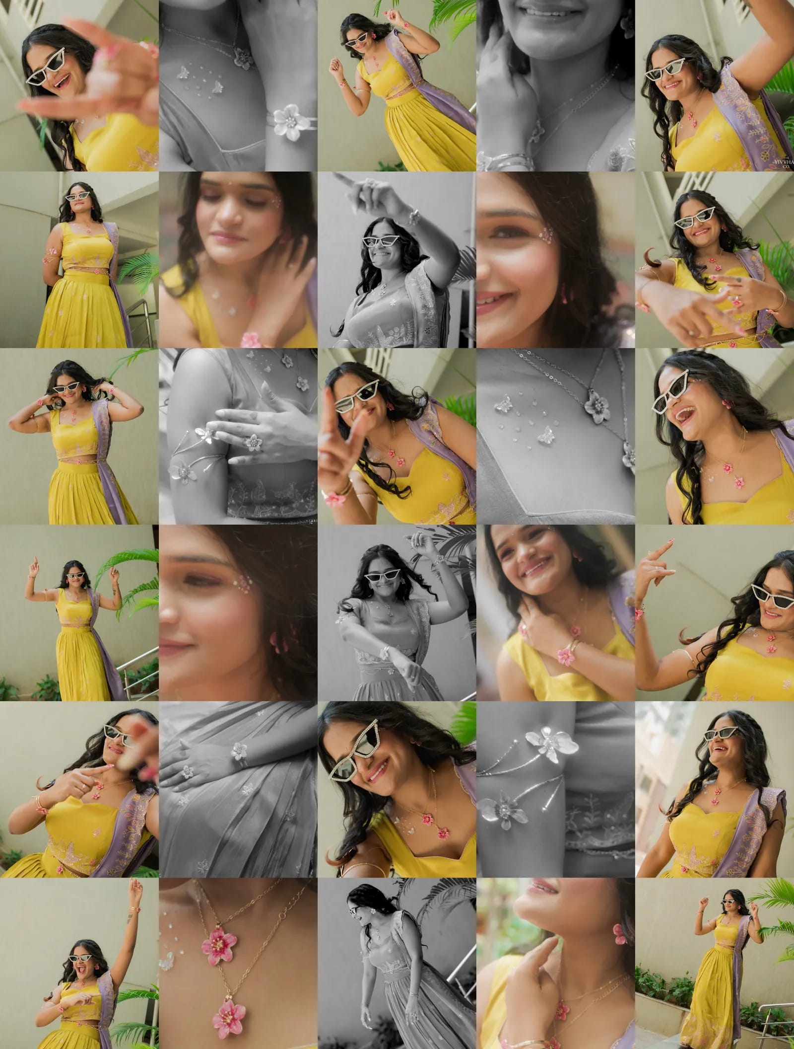 Collection of joyful portraits of a bride celebrating in yellow